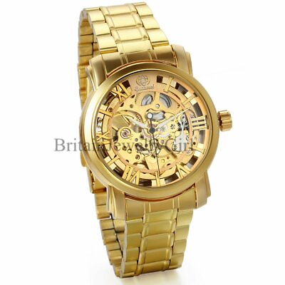 #ad Luxury Gold Tone Skeleton Automatic Mechanical Stainless Steel Men#x27;s Wrist Watch $35.99