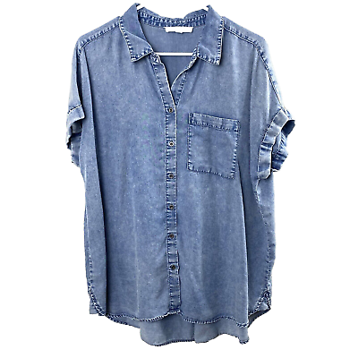 #ad Jane and Delancey Womens Chambray Shirt XL Distressed Blue Cuffed Short Sleeve $22.49