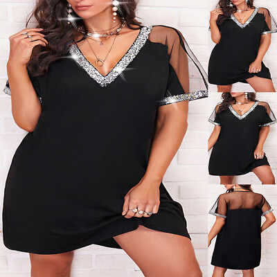 #ad Elegant Womens A Line Solid V Neck Mini Dresses Short Sleeve Sequin Party Gowns $18.96