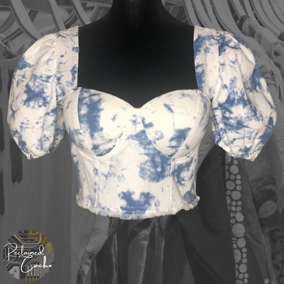 #ad The Sang Womens Small Denim Bleached Short Balloon Sleeve Corset Crop Top Size S $38.00
