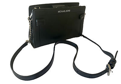 #ad Michael Kors Small Black Leather Crossbody Bag w Silver Chain Strap $89.99
