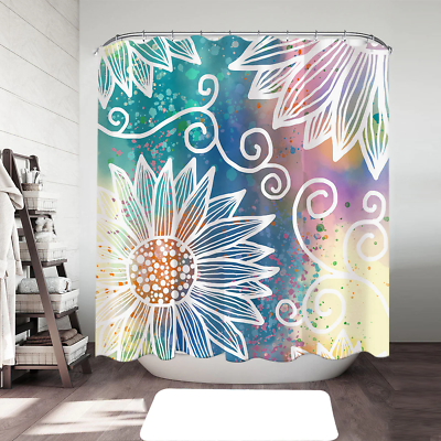 #ad White Flower Drawings over Colorful Background Shower Curtain 72quot; x 72quot; $38.90