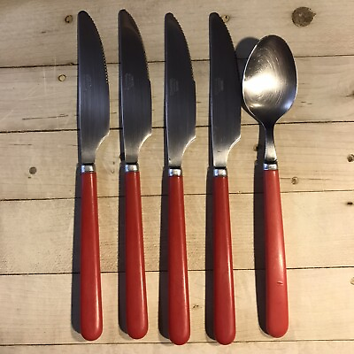 #ad Imperial Stainless Taiwan LA CUISINE Red Plastic Handle 5 Pieces Vintage $16.99