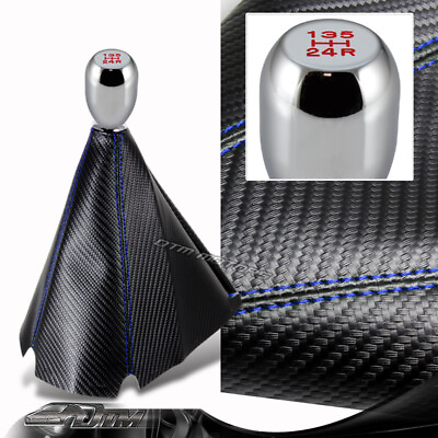 #ad JDM Carbon Style Blue Stitch Manual MT Shift Boot Chrome 5 Speed Shifter Knob $15.99