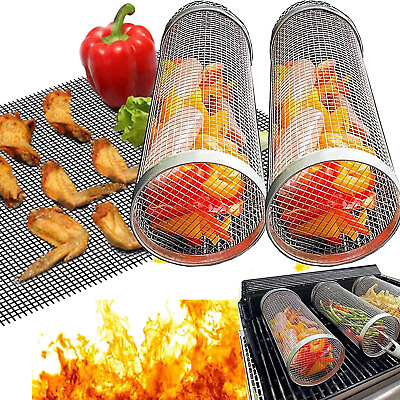 #ad Rolling Grilling Basket Stainless Steel Grill Mesh Camping Barbecue amp; Grill Mat $7.26