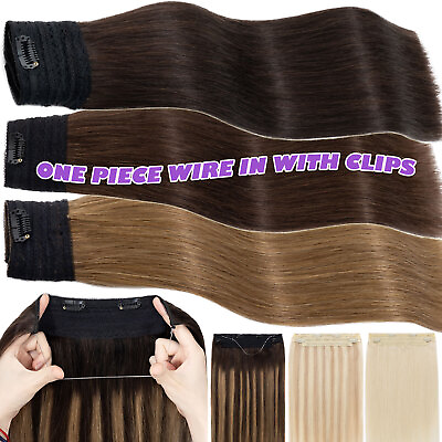 #ad Invisible Wire In Real REMY Human Hair Extensions Hidden Clip One Weft Full Head $90.01