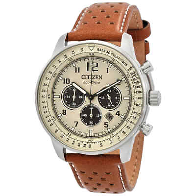#ad Citizen Eco Drive Chronograph Beige Dial Brown Leather Men#x27;s Watch CA4500 16X $170.48