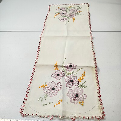 #ad vtg handmade table runner rectangle cotton flower peony purple embroidery mcm $6.60