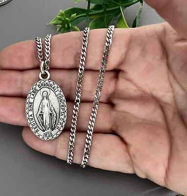 #ad SILVER Large 1.25quot; Miraculous Medal Mary Pendant Necklace ITALY amp; 24quot; Curb Chain $14.99