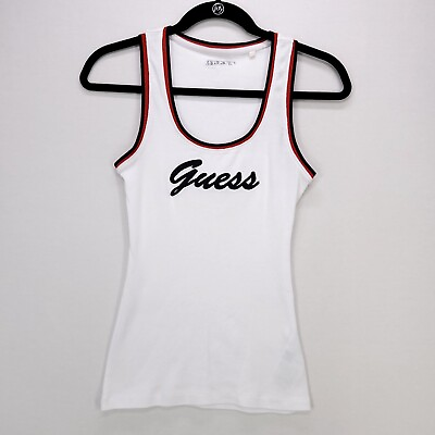 #ad Guess Los Angeles Logo Tank Top Women Junior Small White Trim Sleeveless Stretch $15.00