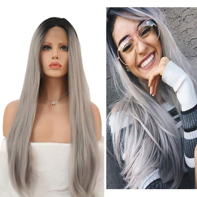 #ad Synthetic Lace Front Wig Ombre Gray Replacement Wigs Long Natural Straight Party $19.90