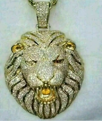 #ad Solid 14K Yellow Gold Over 4 ct Round Cut Diamond Extra Large Lion Head Pendant $270.00