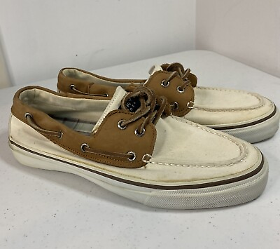 #ad Sperry Mens 10 M Top Sider Brown Leather White Cotton Boat Shoes 0687004 $14.99