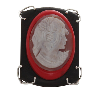 #ad Italy Cameo Ebony Wood Sterling Simulated Coral with 30mm Sardonyx Cameo Ring 10 $479.98
