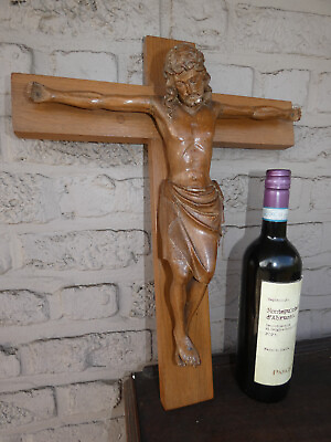 #ad Antique oak wood carved corpus crucifix religious $245.00