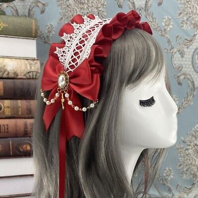 #ad Lolita Girls Sweet Gothic Headband Hidden Clip Bows Floral Lace Bead Chain AU $56.10