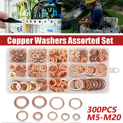 #ad 300Pcs Copper Crush Washer Gasket Set M5 M20 Flat Ring Seal Assortment Kit $14.91