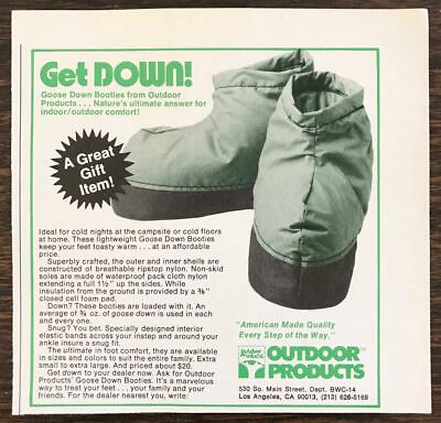 #ad 1980 Outdoor Products PRINT AD Get Down Goose Down Booties Treat Your Feet $5.65