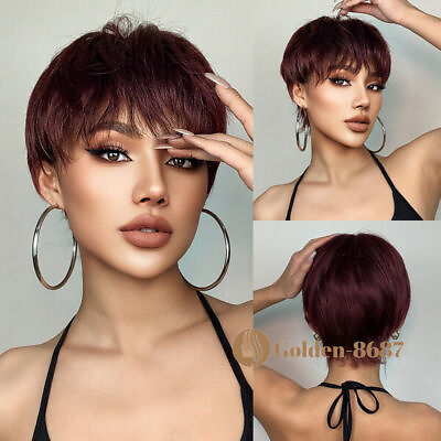 #ad Layered Curly Henna Wine Wigs with Bangs Short Hair for Women Natural Daily US $15.45