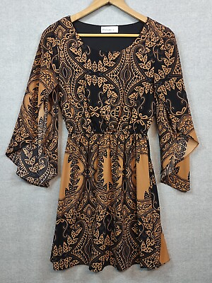 #ad POLLUX Blouson Dress Cathedral Sleeve Brown Black Printed Lined SMALL $30.00