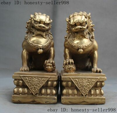 #ad Chinese FengShui Brass Foo Fu Dog Guardion door Lion beast Play Ball Statue Pair $181.95