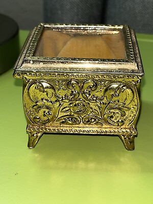 #ad VTG Antique Ornate Victorian Gold Footed Trinket Box Casket Hinged Glass France $25.99