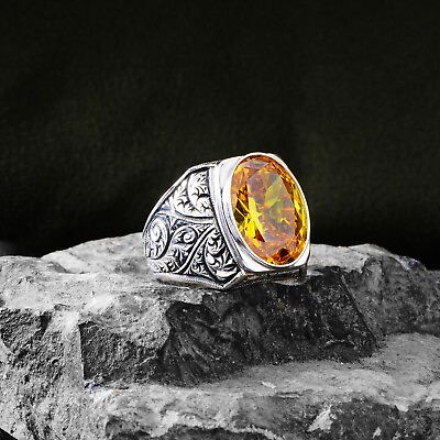 #ad Handmade Silver Citrine Stone Ring Hand Engraved Yellow Citrine Stone Ring $135.00