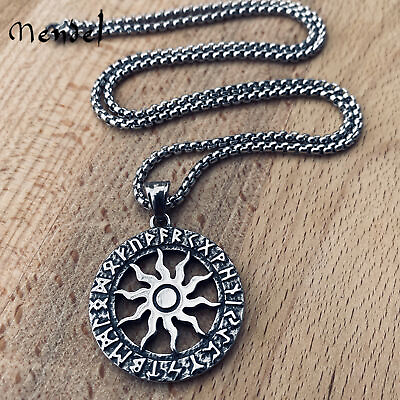 #ad MENDEL Stainless Steel Norse Viking Rune Sun Protection Pendant Necklace Silver $11.99