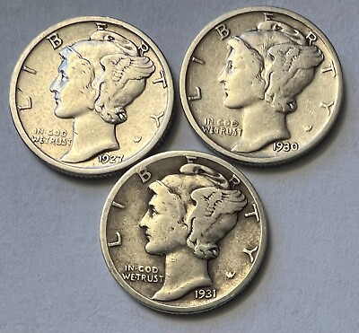 #ad 1927 P 1930 P 1931 S SET OF 3 MERCURY DIMES COINS SAME AS SHOWN IN PHOTO #26 $19.99