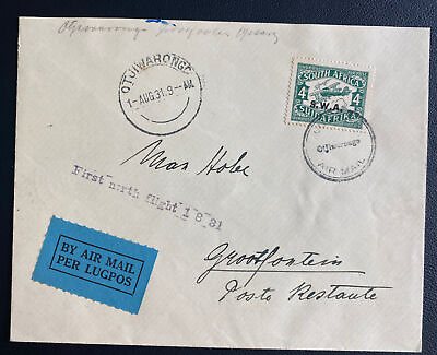 #ad 1931 Otjiwarongo South West Africa First North Flight Airmail Cover To Grotfonte $199.99