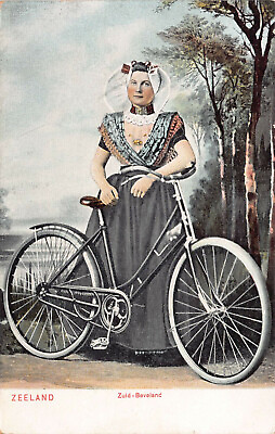 #ad Woman and a Bicycle Zeeland Netherlands Very Early Postcard Unused $12.00