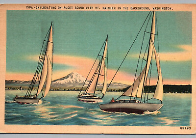 #ad #ad Puget Sound WA Postcard Washington Mt Rainier Sailboating 1947 Posted Boat $2.99