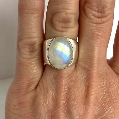 #ad Sterling Silver 925 Large Oval Bezel Set Rainbow Moonstone Wide Band Ring 5.75 $65.00