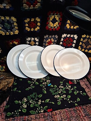 #ad Vintage Set Of 4 Blue And White Enameled Metal Camping Plates $22.98