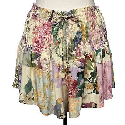 #ad ZARA Womens Short Large Beige Colorful Floral Linen Blend Smocked Wide Leg Skirt $26.99