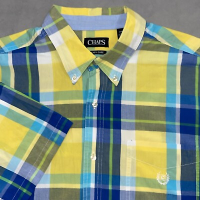 #ad Chaps Easy Care Shirt Men#x27;s 2XB Short Sleeve Button Down Yellow Blue Green Plaid $16.99