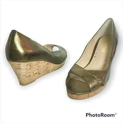 #ad Colin Stuart Women#x27;s 7 7B Gold Criss Cross Leather Slip On Cork Sandal Wedges $17.49