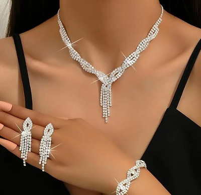 #ad 4pcs Luxury Shining Rhinestone Earrings Necklace Jewelry Set Gift Women Gift New $25.98