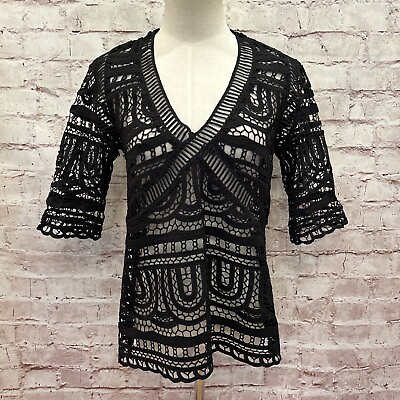 #ad GOLDIE Womens Black Open Crochet Shirt Top V Neck Sheer Short Sleeve Size XS $30.80