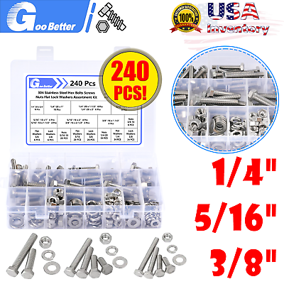 #ad 1 4quot; 5 16quot; 3 8quot; Stainless Steel Hex Head Bolt Washer Nut Combination Kit 240 Pcs $25.90