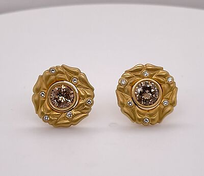 #ad Unique 18K Yellow Gold 1.30ctw Round Champagne Brown Diamond Stud Earrings $2699.00