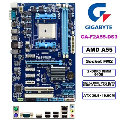 #ad GIGABYTE GA F2A55 DS3 Motherboard ATX AMD A55 FM2 DDR3 64GB SATA2 HDMI PCI E2.0 $50.00