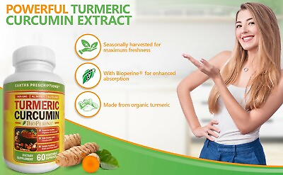 #ad 60 Organic Turmeric Curcumin Capsules with Bioperine Natural Herbal Root $15.87