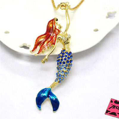 #ad New Fashion Women Blue Enamel Cute Mermaid Crystal Pendant Sweater Necklace $3.59