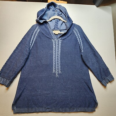 #ad Natural Reflections Womens Hooded Sweater Large Blue Split Hem Cotton Wool $11.48