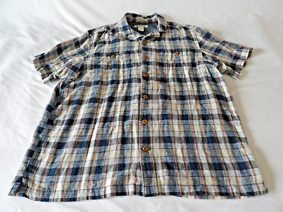 #ad Duluth Trading Untucked Large L Mens Hemp Shirt Plaid Blue Brown Short Sleeve $13.58