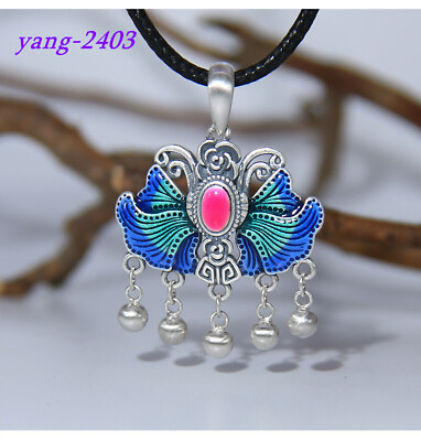 #ad Sterling Silver Vintage Chinese Cloisonne Pendant Necklace Silver Butterfly Gift $20.47
