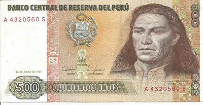 #ad 1987 BANCO CENTRAL DE RESERVA DEL PERU 500 QUINIENTOS INTIS BANKNOTE UNC. # 2 $4.99