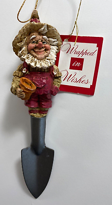 #ad NEW Wrapped In Wishes Ceramic Santa Gnome Gardening Shovel 6 inch Ornament $19.99