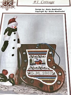#ad GPA Christmas Cross Stitch Pattern chart Sampler WOOD STOCKING 1 cottage $38.30
